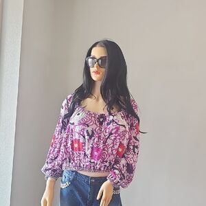 Express Purple Pink Floral Off-Shoulder Crop Top